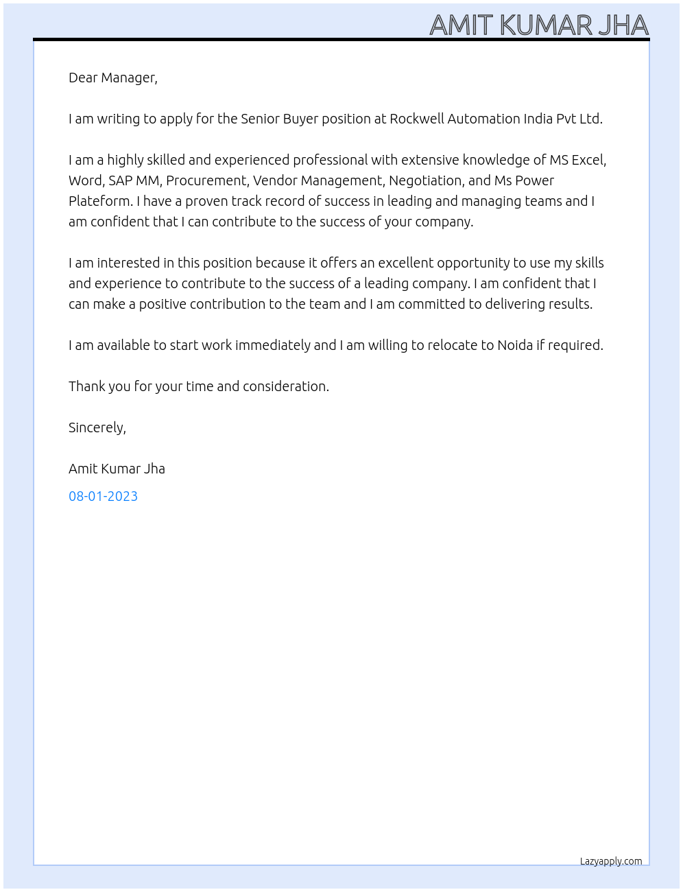 Senior Buyer At Rockwell Automation India Pvt Ltd Cover Letter