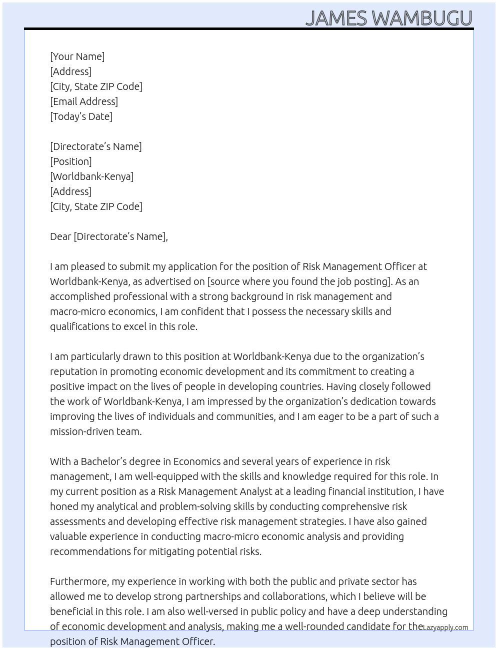 Risk Management Officer At WORLDBANK- KeNYA Cover Letter