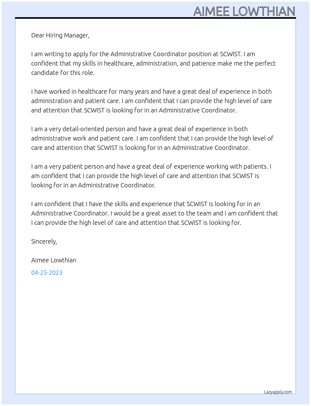 Administrative Coordinator At SCWIST Cover Letter