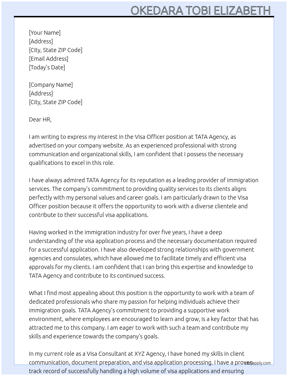 Visa Officer At TATA Agency Cover Letter