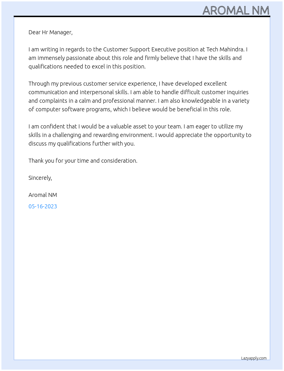 Customer Support Executive At Tech Mahindra Cover Letter