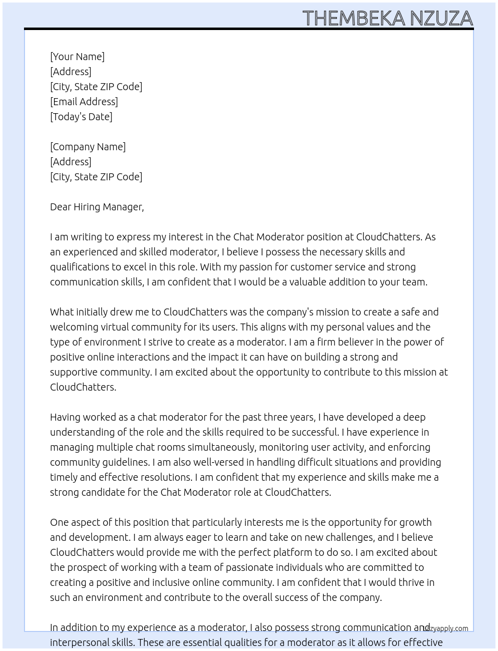 CHAT MODERATOR At CLOUDCHATTERS Cover Letter