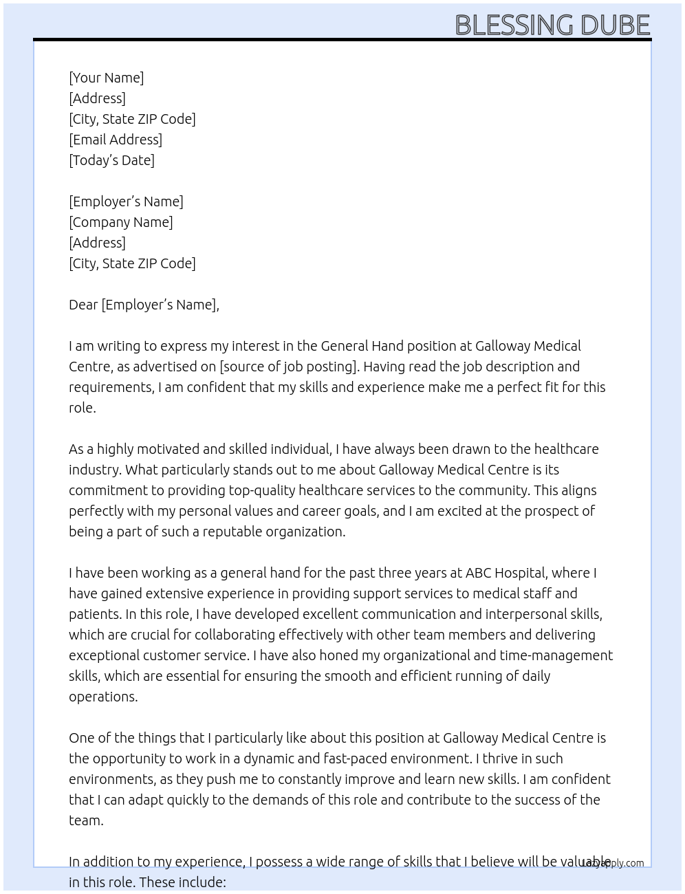 GENERAL HAND At Galloway Medical Centre Cover Letter