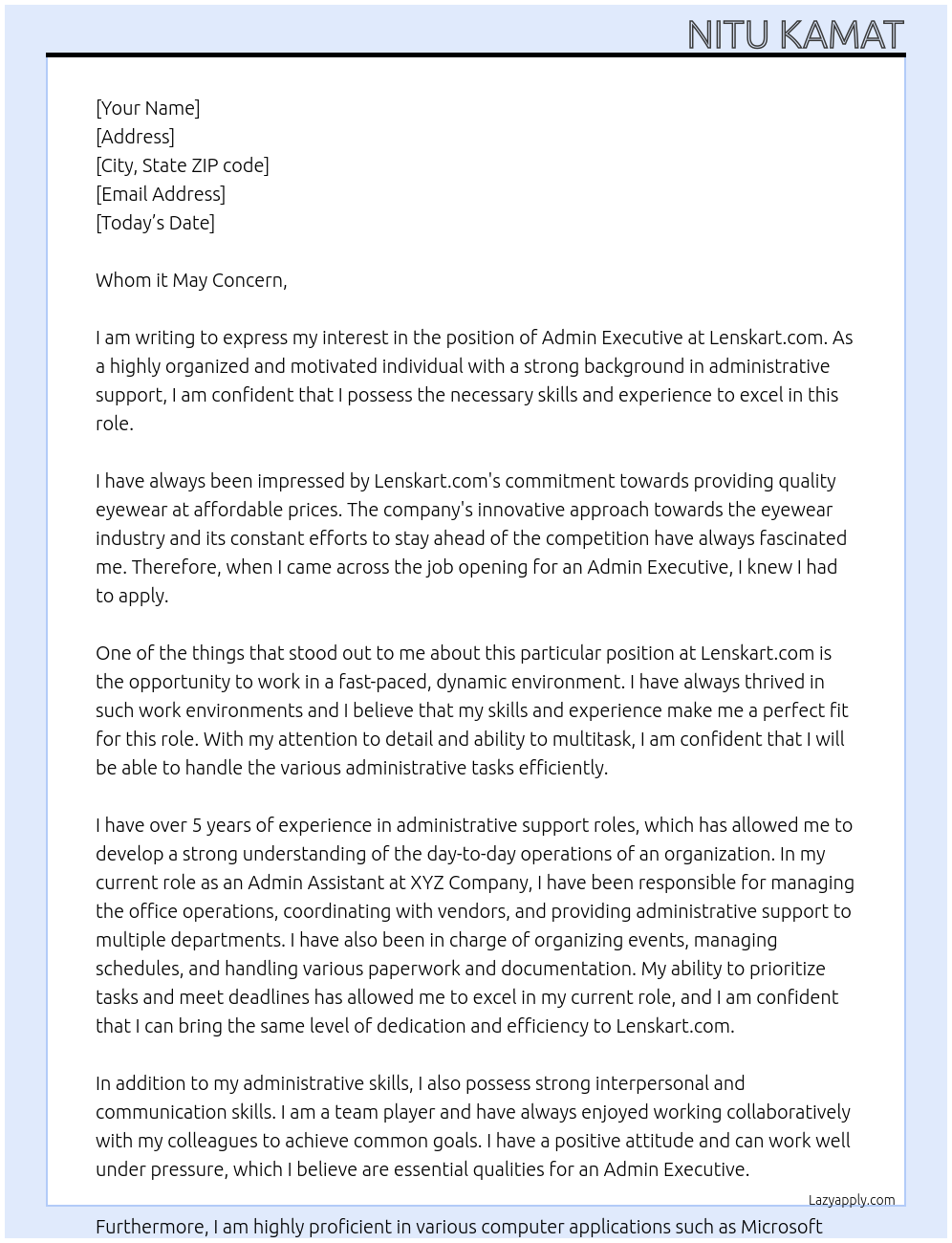 Admin Executive At Lenskart. Com Cover Letter