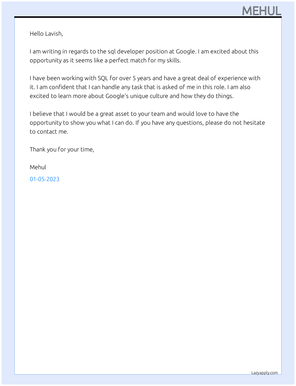Sql developer At GOogle Cover Letter