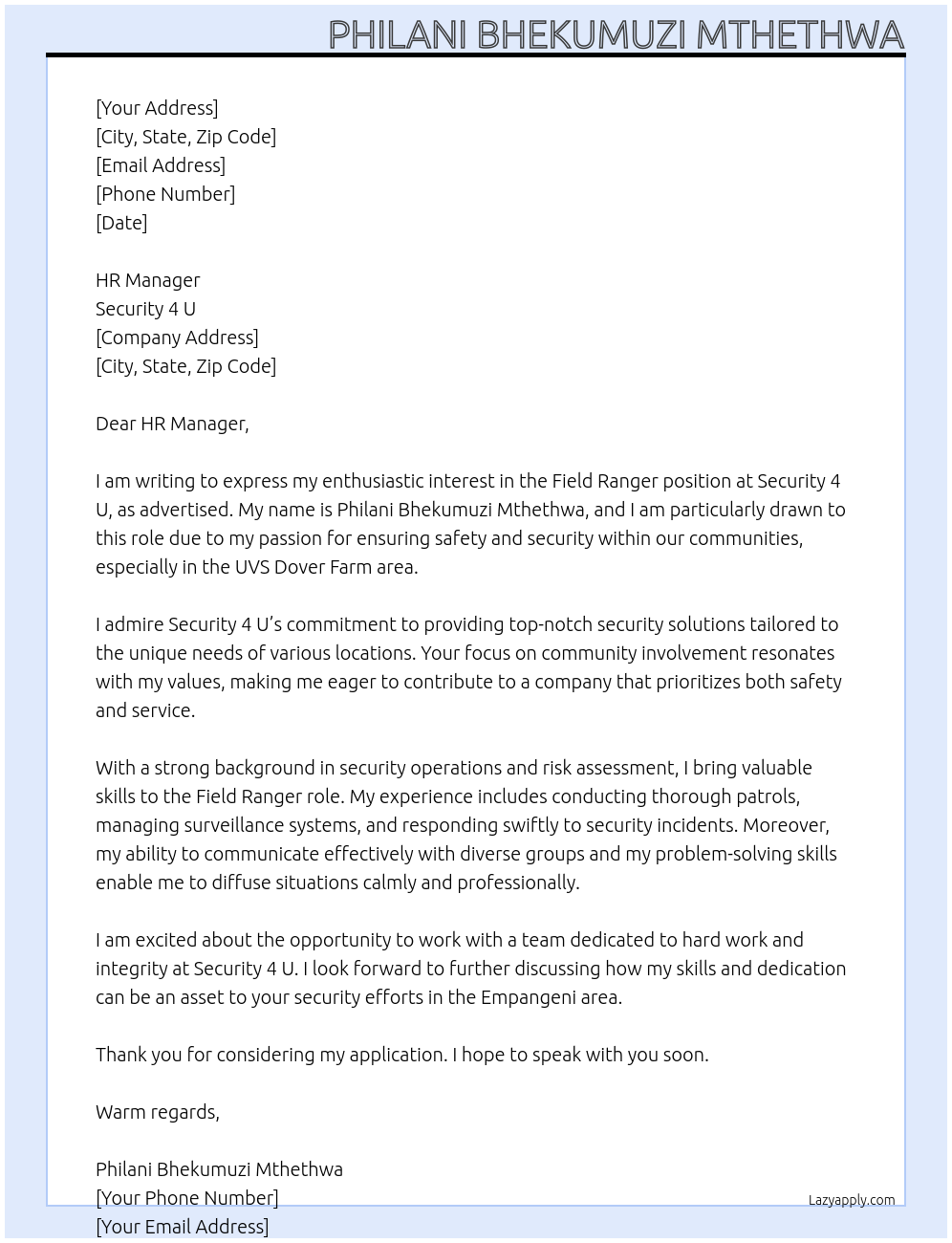 Field Ranger At security 4 u Cover Letter