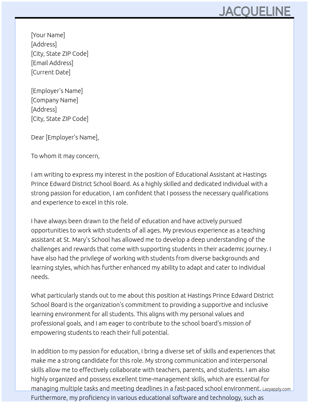 Educational assistant At Hastings prince edward district school board Cover Letter