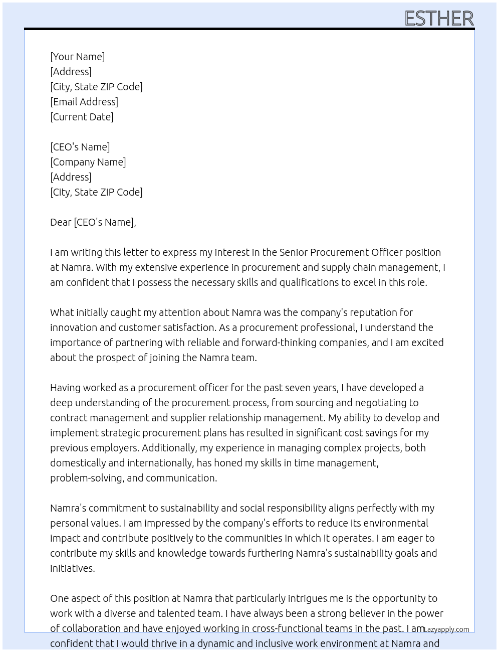 SEnior Procurement Officer At Namra Cover Letter