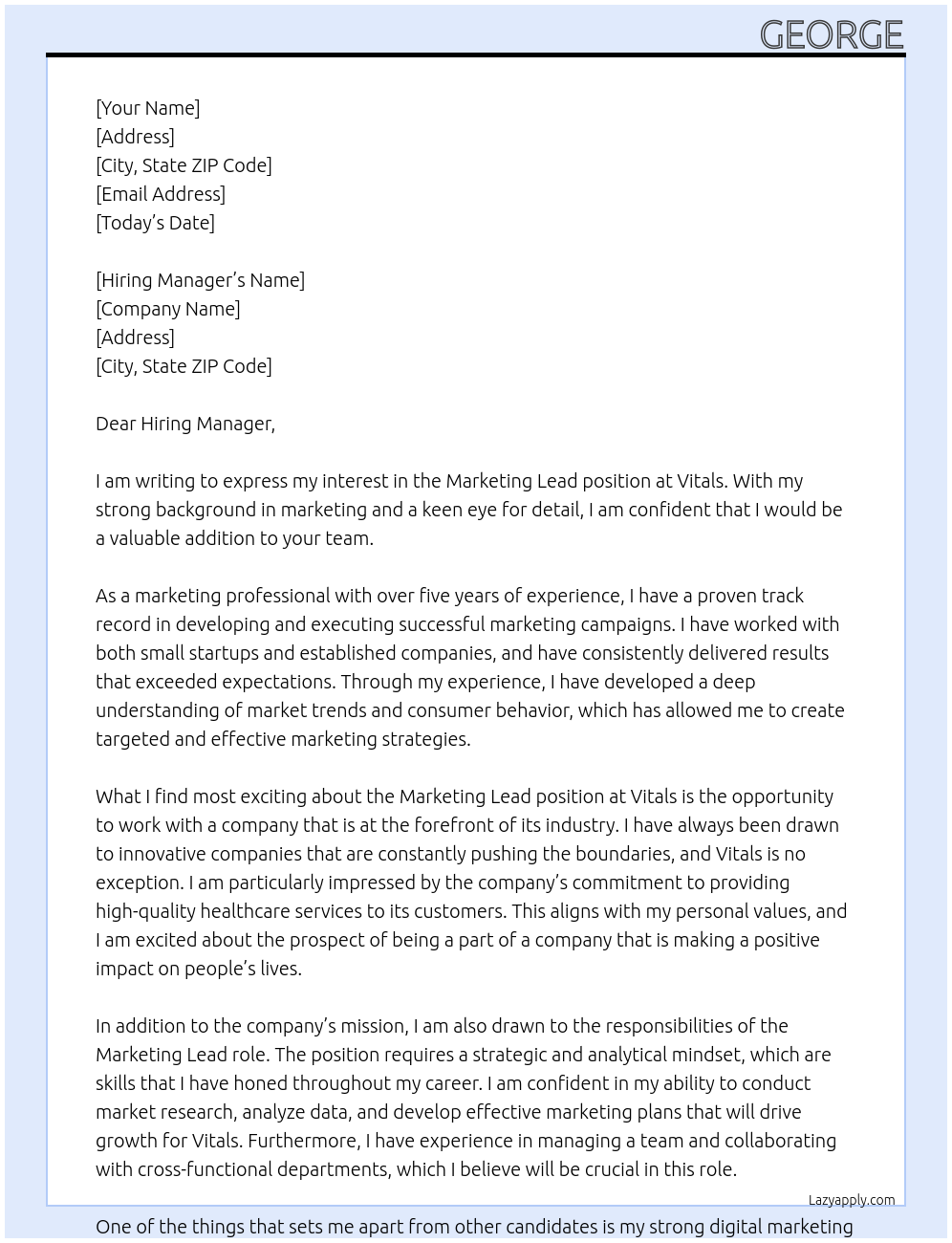 Marketing Lead At Vitals Cover Letter