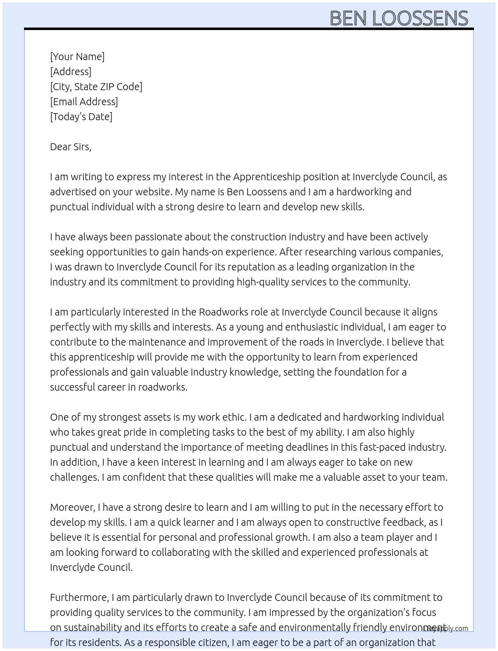 Apprenticeship At Inverclyde Council Cover Letter