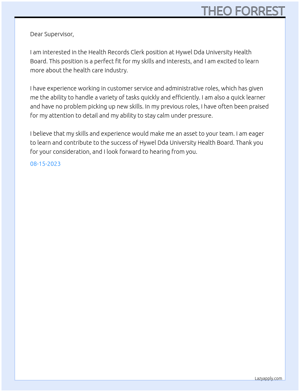 Health Records Clerk At Hywel Dda University Health Board Cover Letter