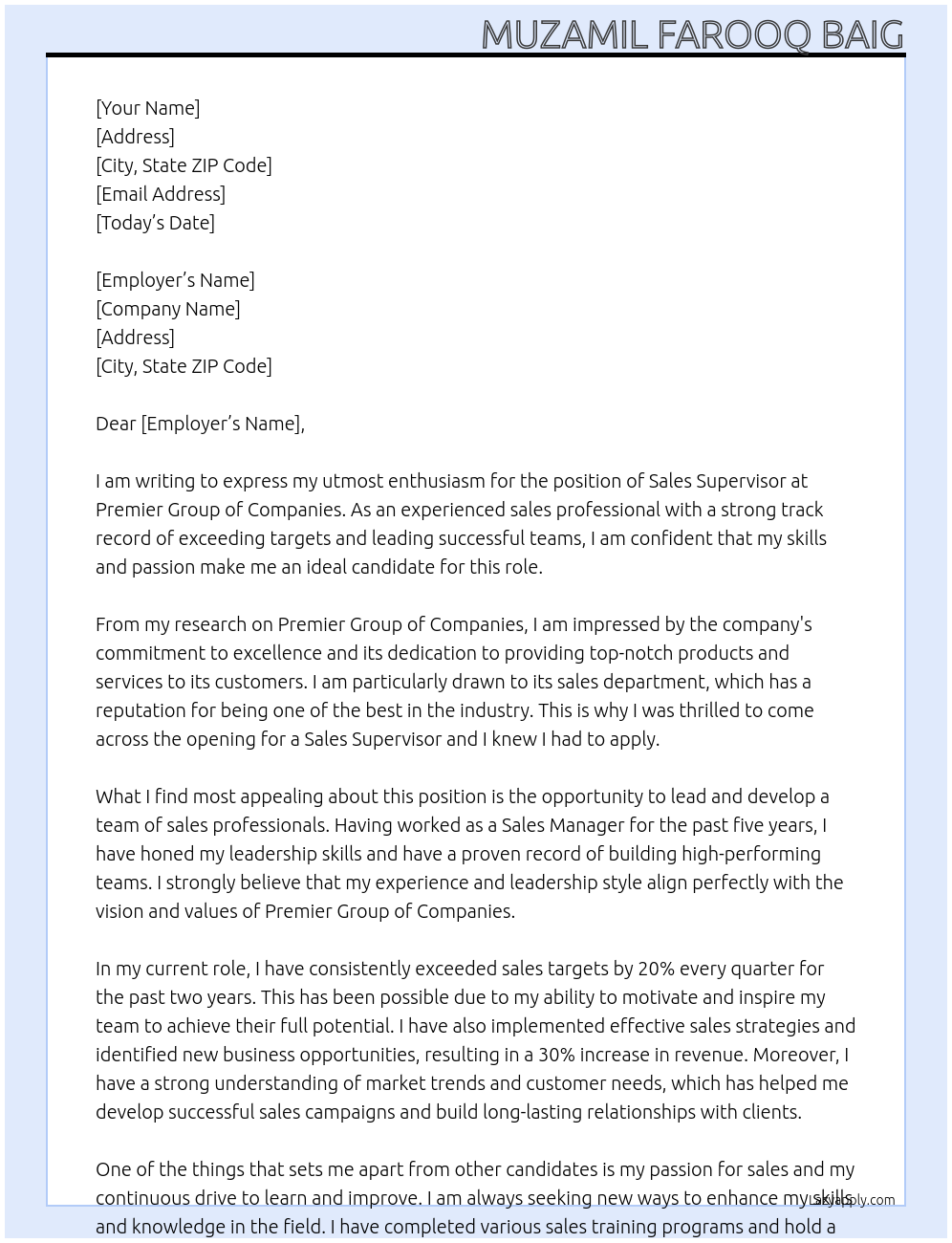 Sales supervisor At Premier group of companies Cover Letter