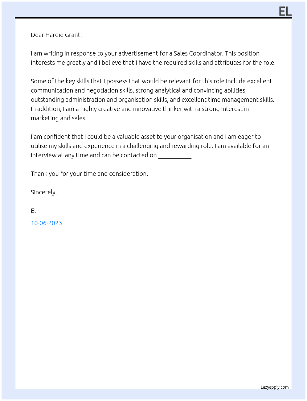 Sales Coordinator At Hardie Grant Cover Letter