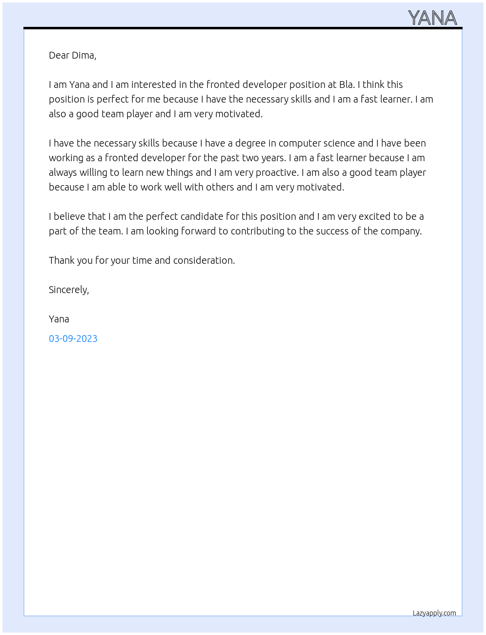 Fronted developer At Bla  Cover Letter