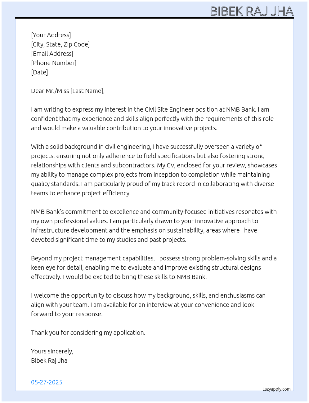 Civil Engineering At NMB Bank Cover Letter