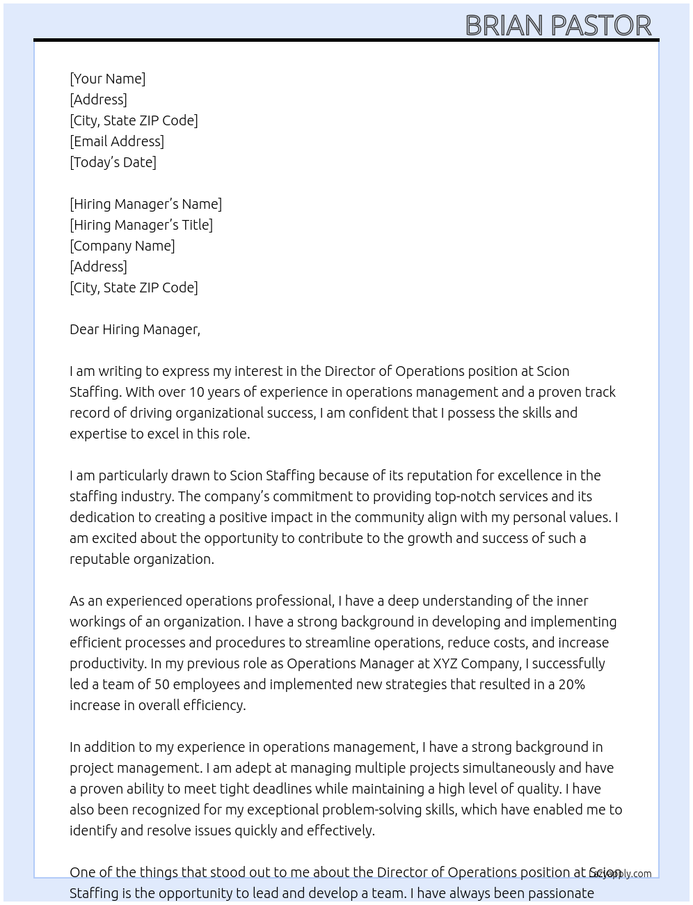 Director of Operations At Scion Staffing Cover Letter