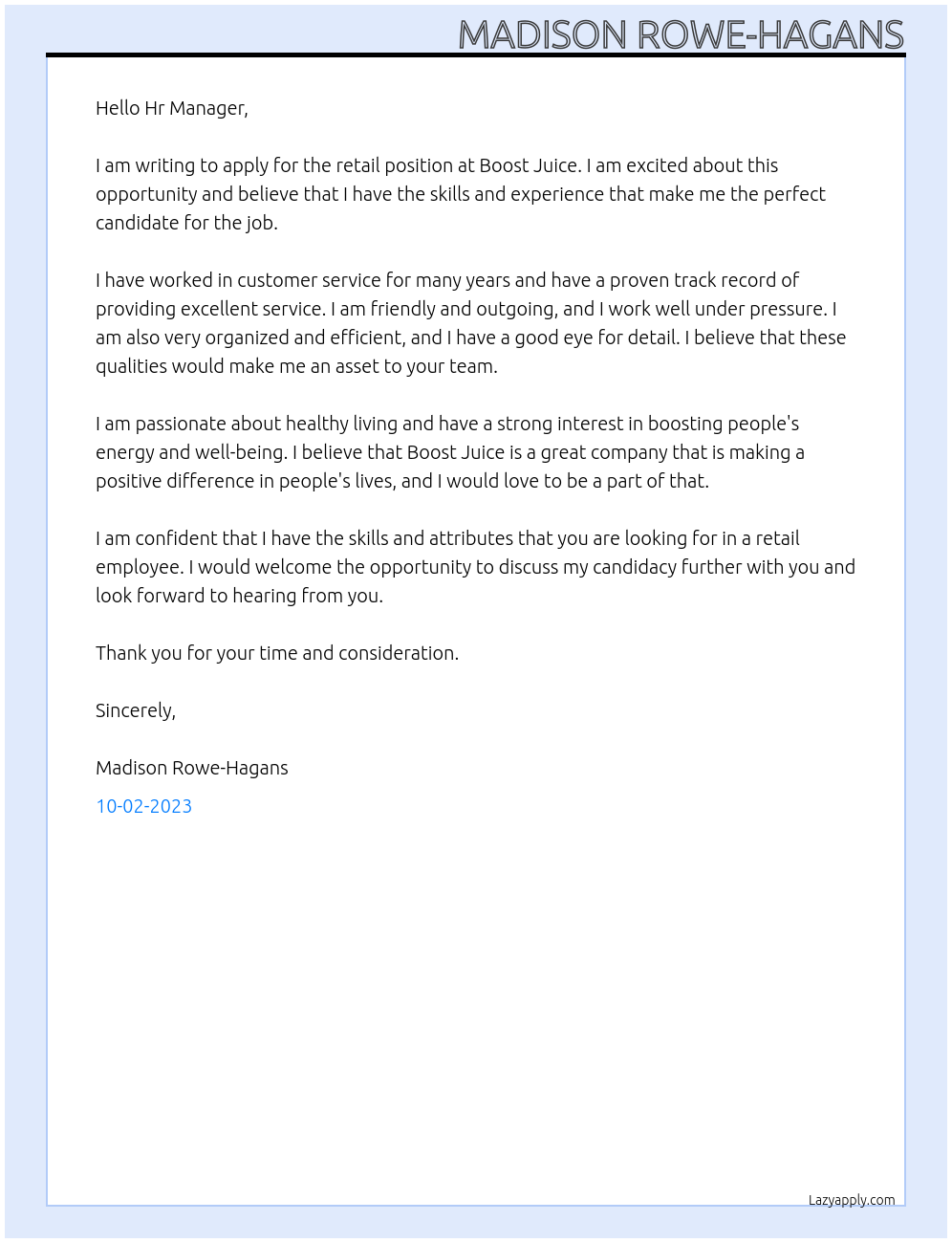 retial At Boost Juice Cover Letter