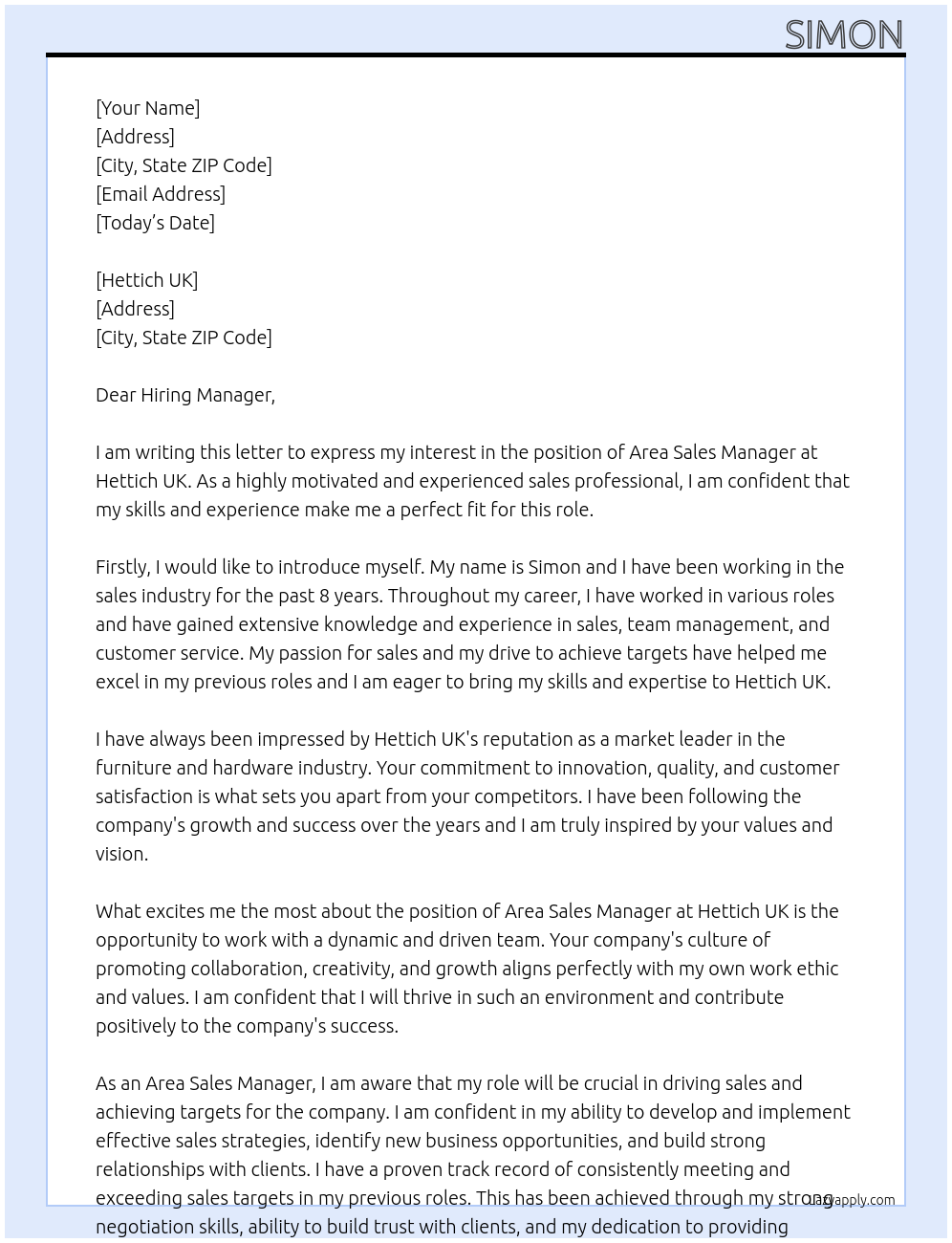 Area Sales Manager At Hettich UK Cover Letter