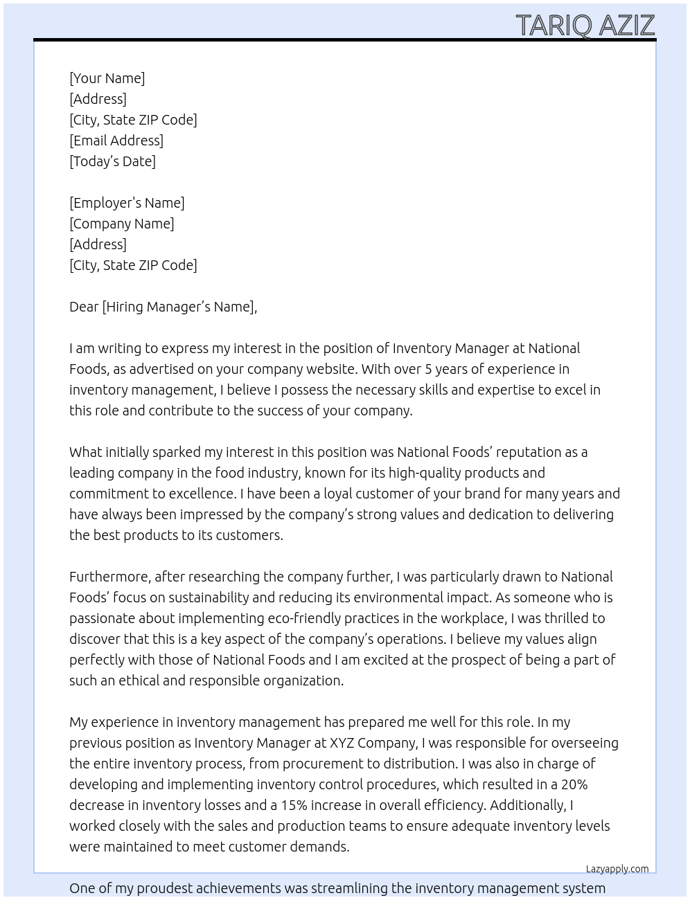 inventory manager At National Foods Cover Letter