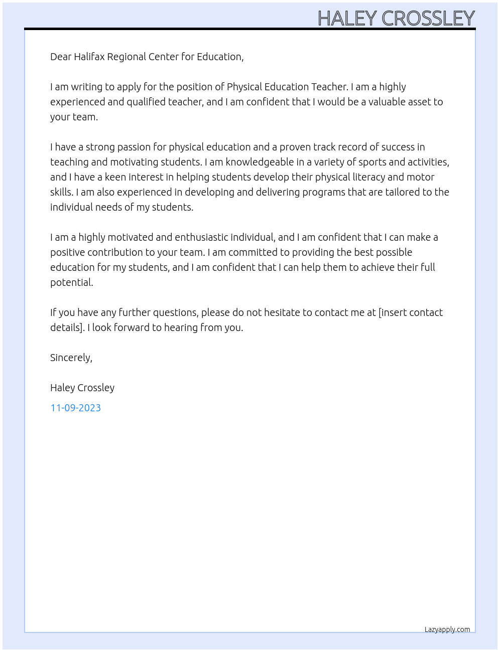 Physical Education Teacher At Halifax Regional Center for Education Cover Letter