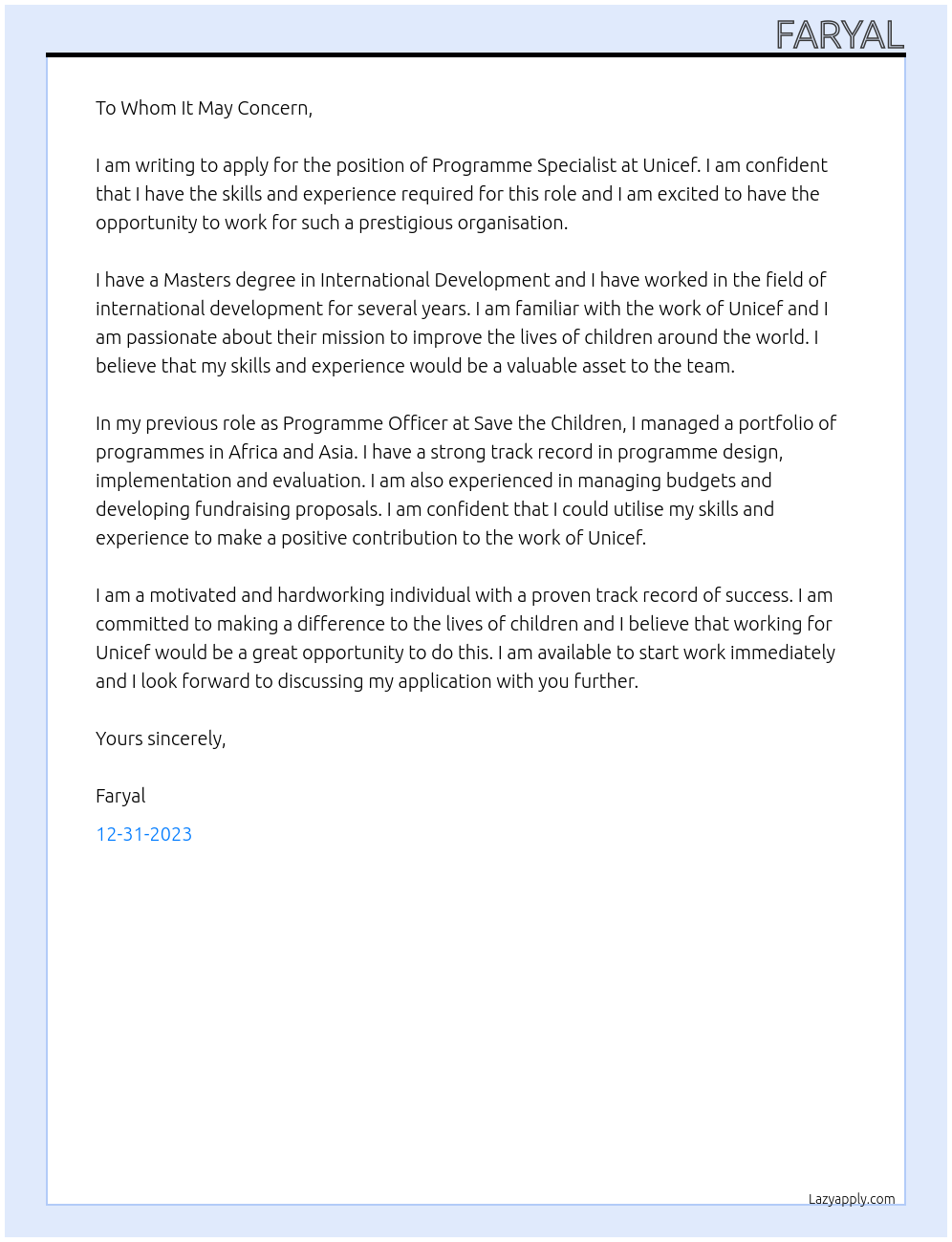 Programme Specialist  At Unicef Cover Letter