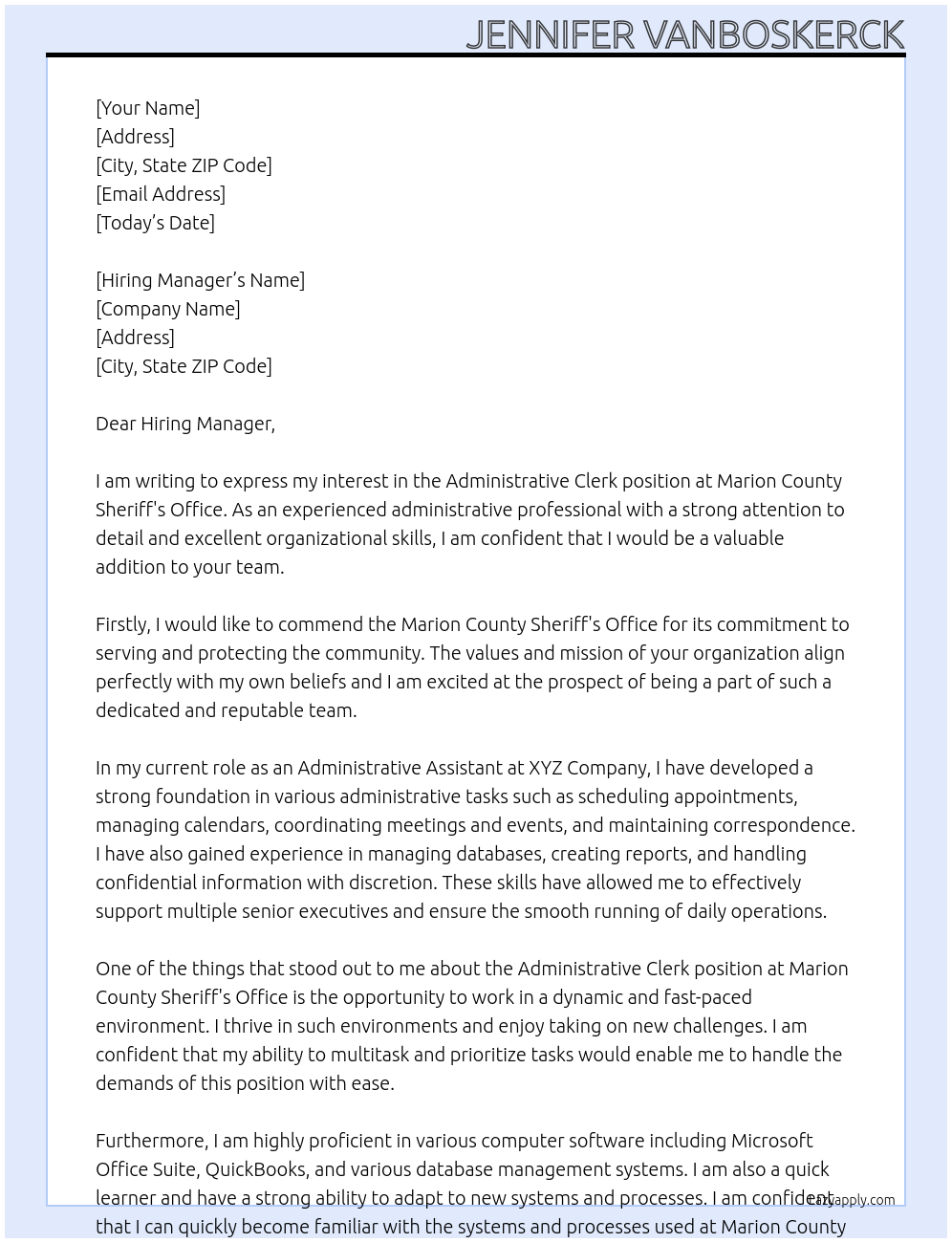Administrative Clerk At Marion County Sheriff's Office Cover Letter