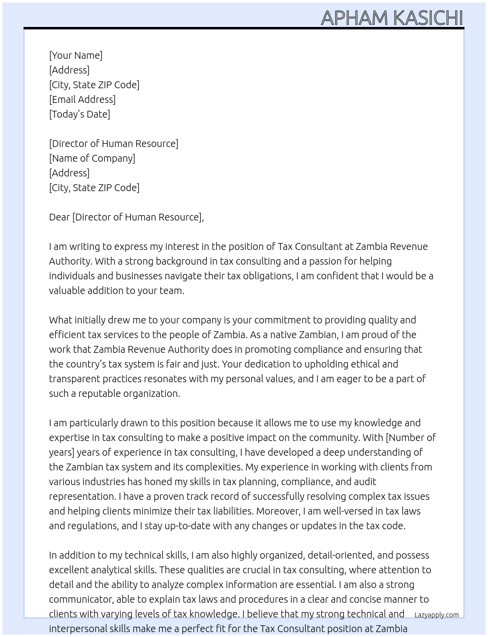 tax consultant At zambia revenue authority Cover Letter