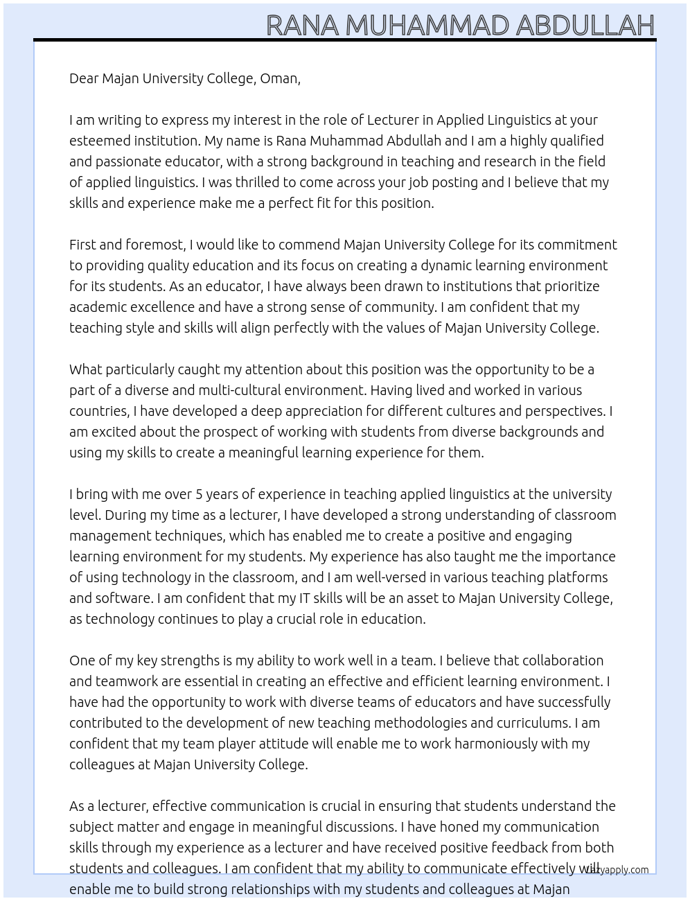 Lecturer in applied linguistics At Majan University College, Oman Cover Letter