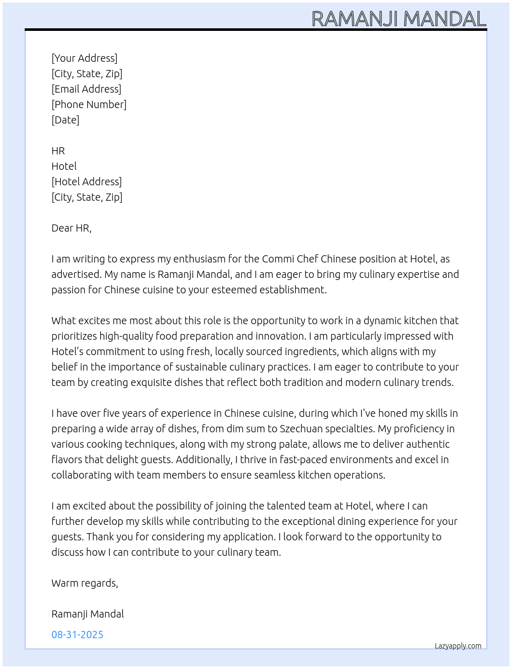 Commi chif chinese At Hotel Cover Letter