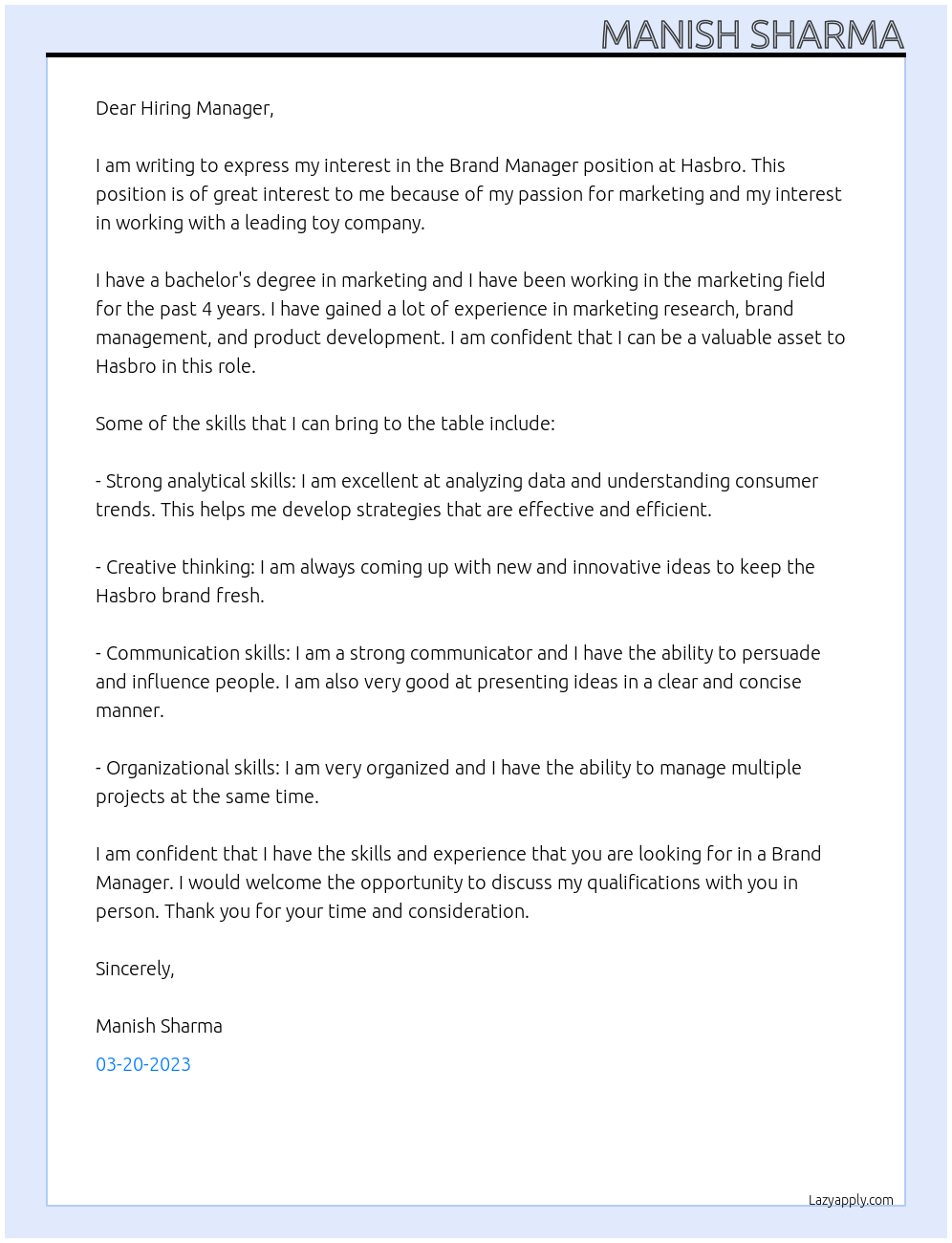 Brand Manager At hasbro Cover Letter
