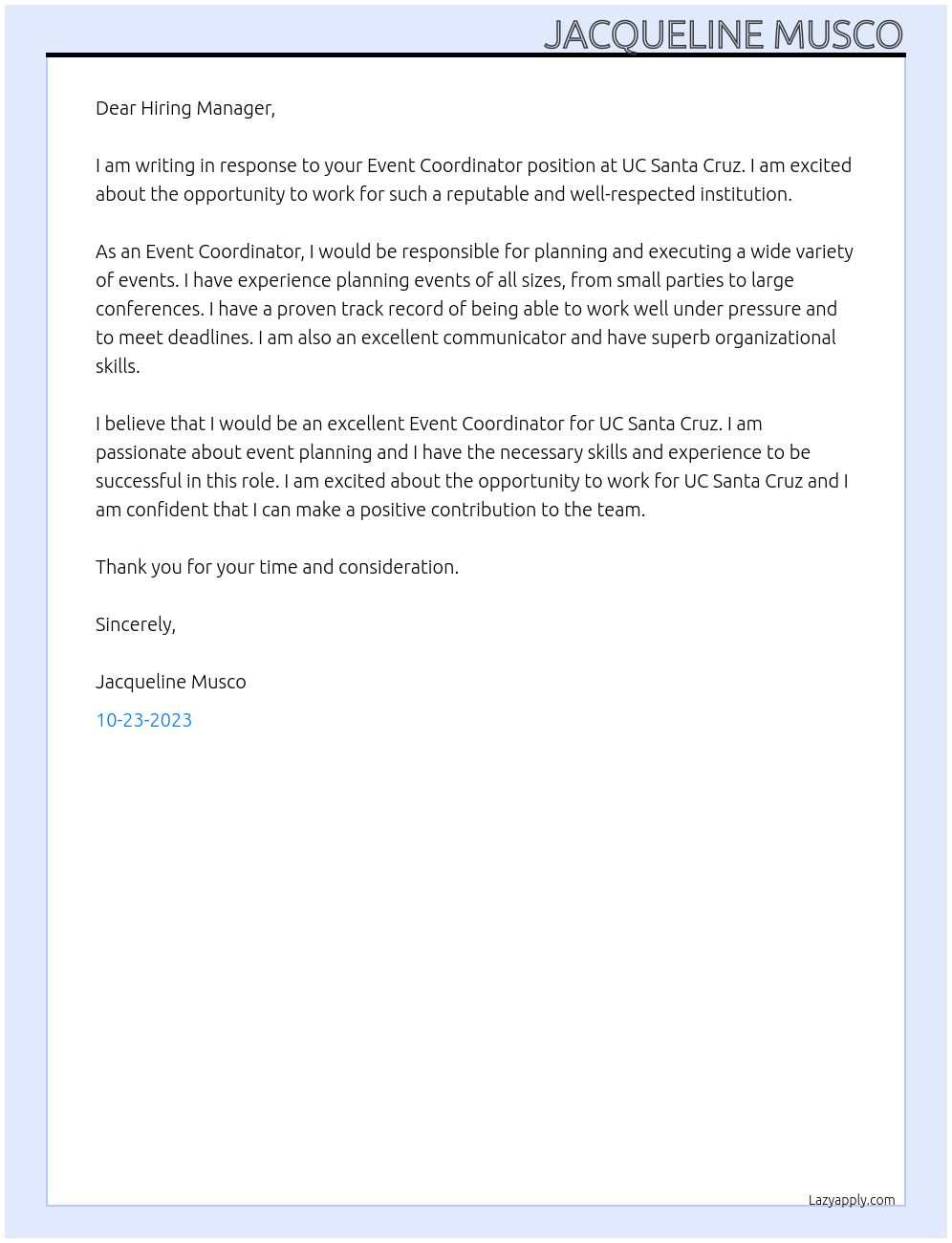 Event Coordinator At UC Santa Cruz Cover Letter