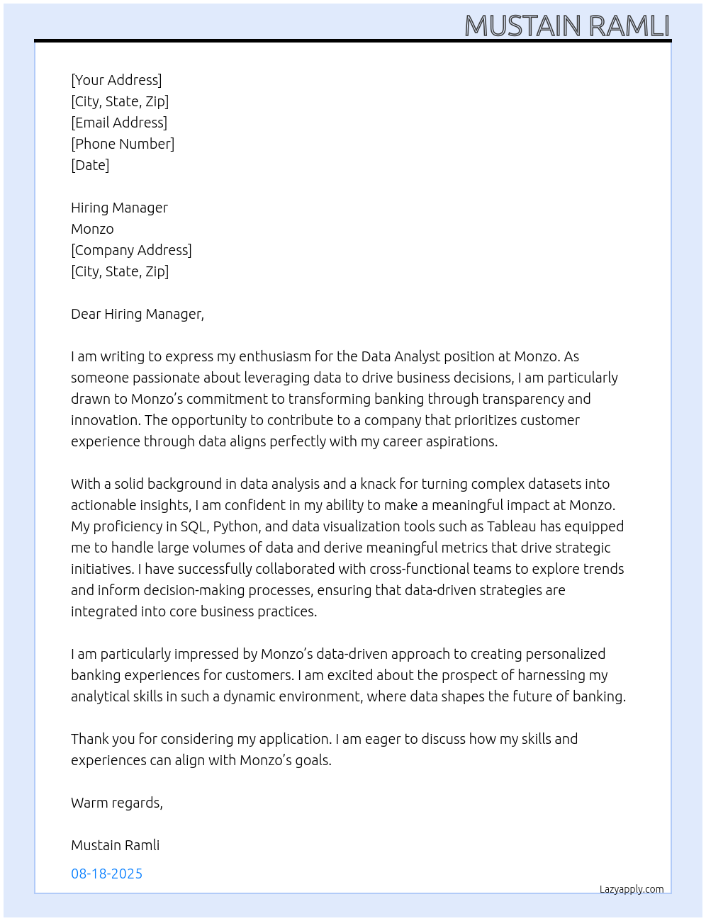 Data analyst At Monzo Cover Letter