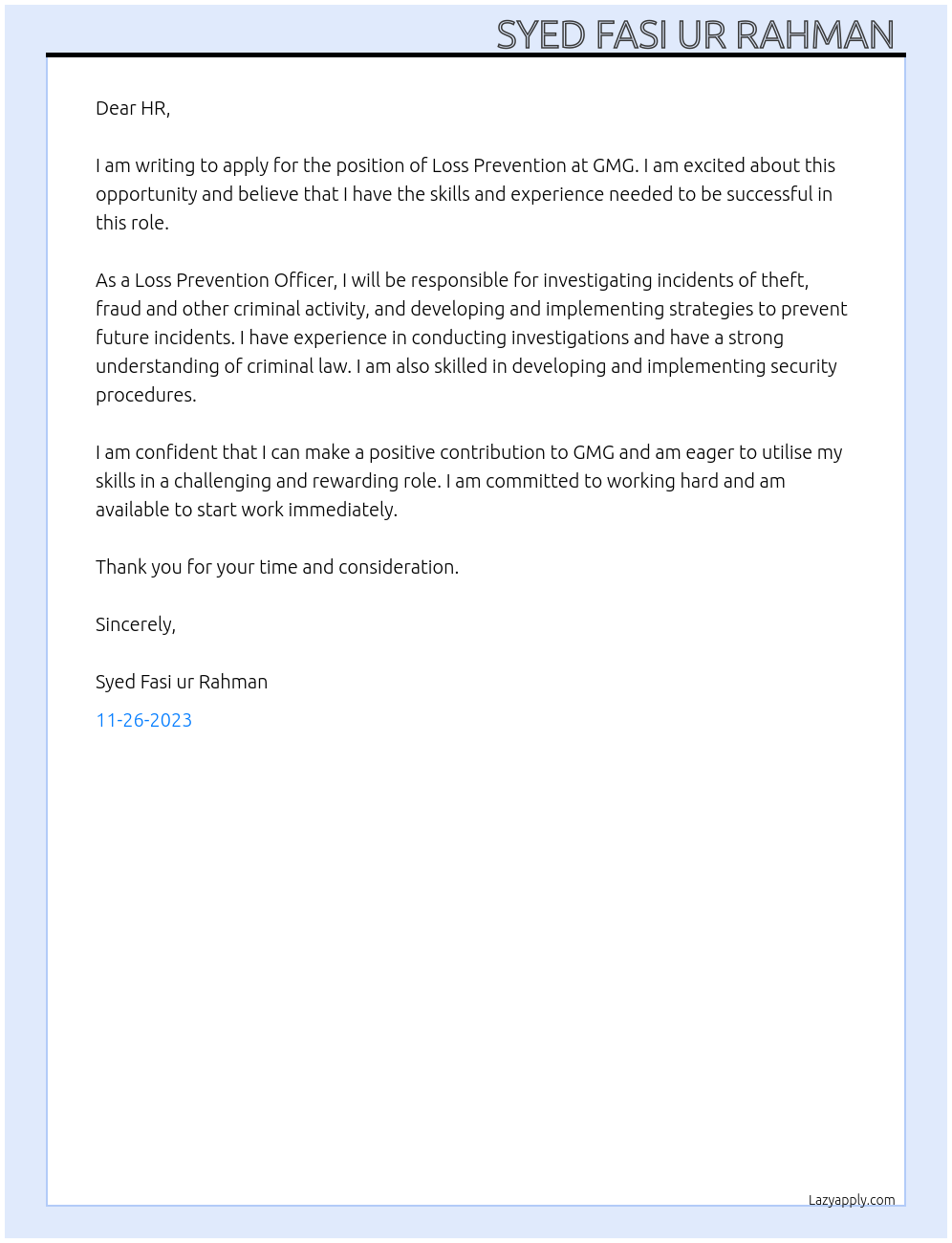 Loss prevention  At GMG Cover Letter