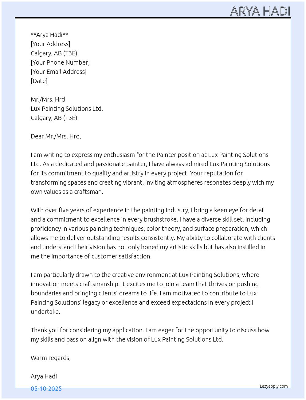 Painter At Lux Painting Solutions Ltd. - Calgary, AB (T3E) Cover Letter