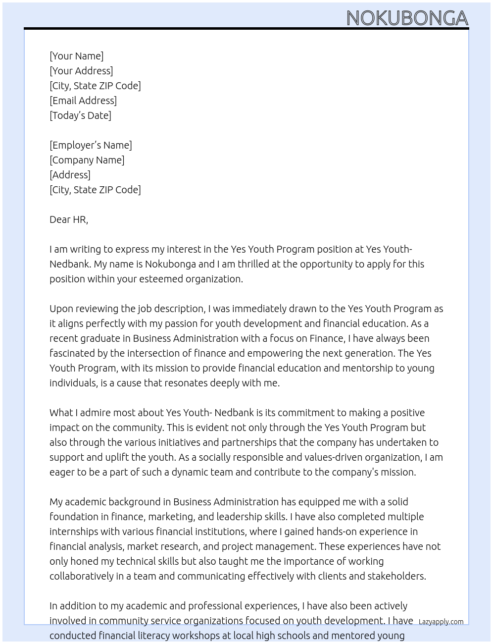 Yes Youth Program  At Yes Youth- Nedbank  Cover Letter