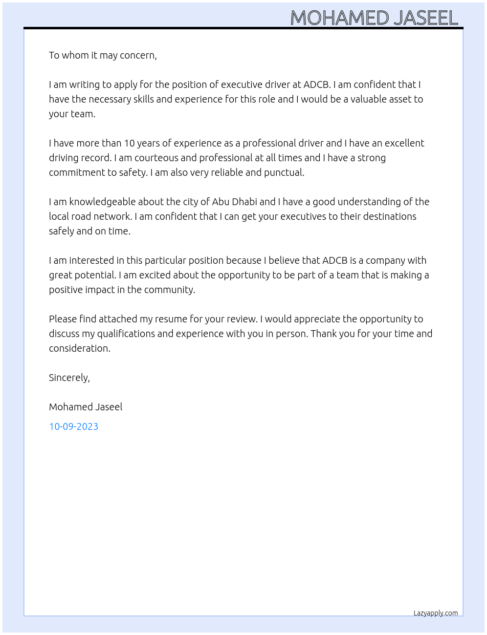 Executive driver At ADCB Cover Letter