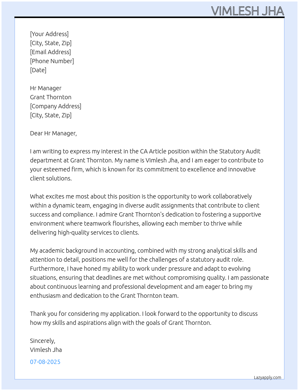 Ca article At Grant Thornton Cover Letter