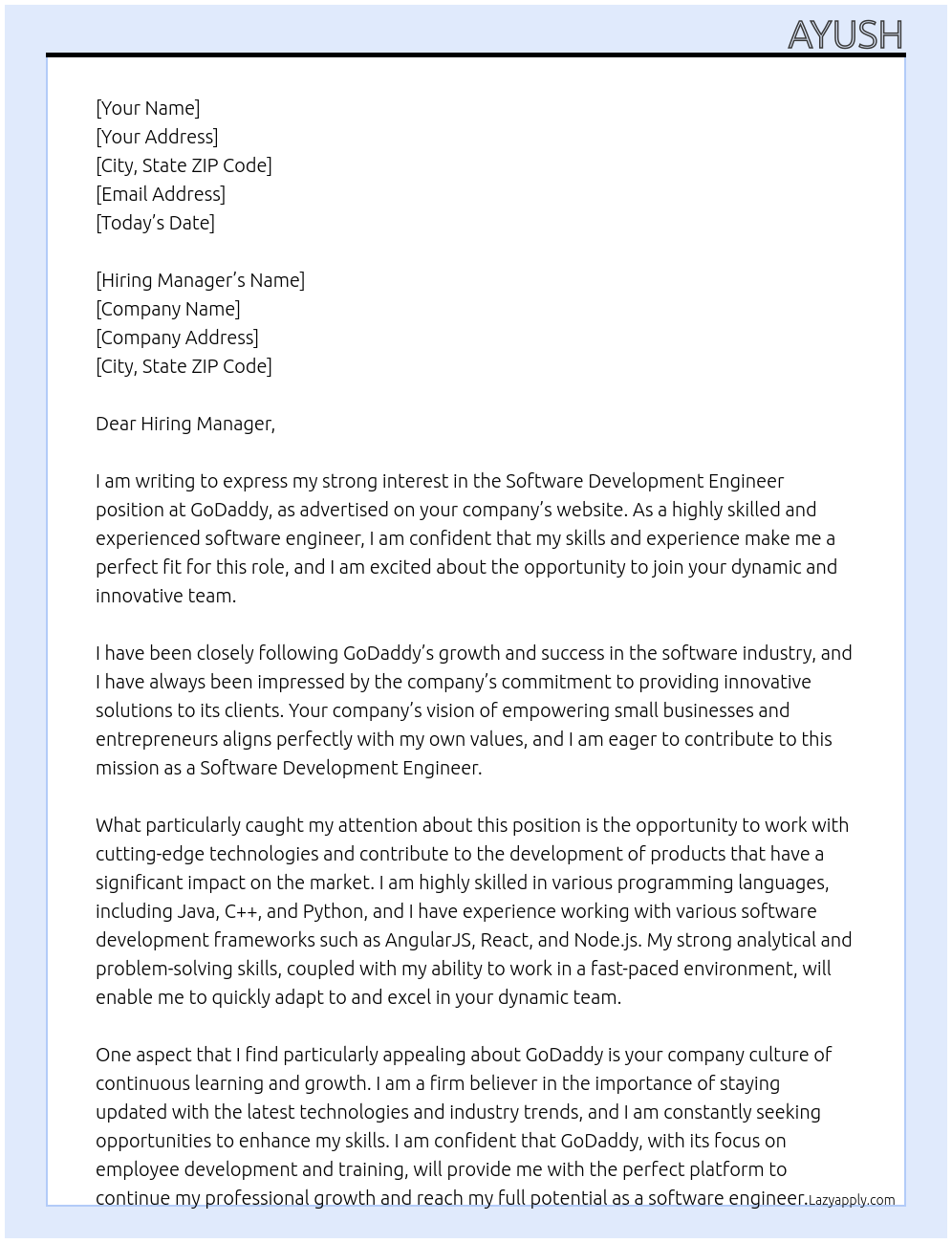Software Development Engineer At GoDaddy Cover Letter