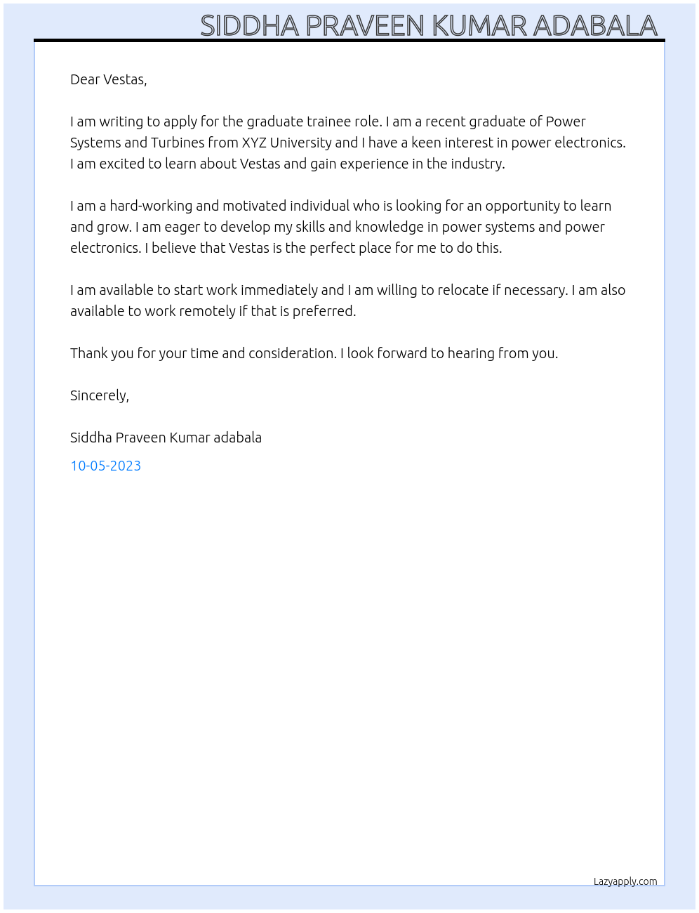 Graduate training  At Vestas Cover Letter