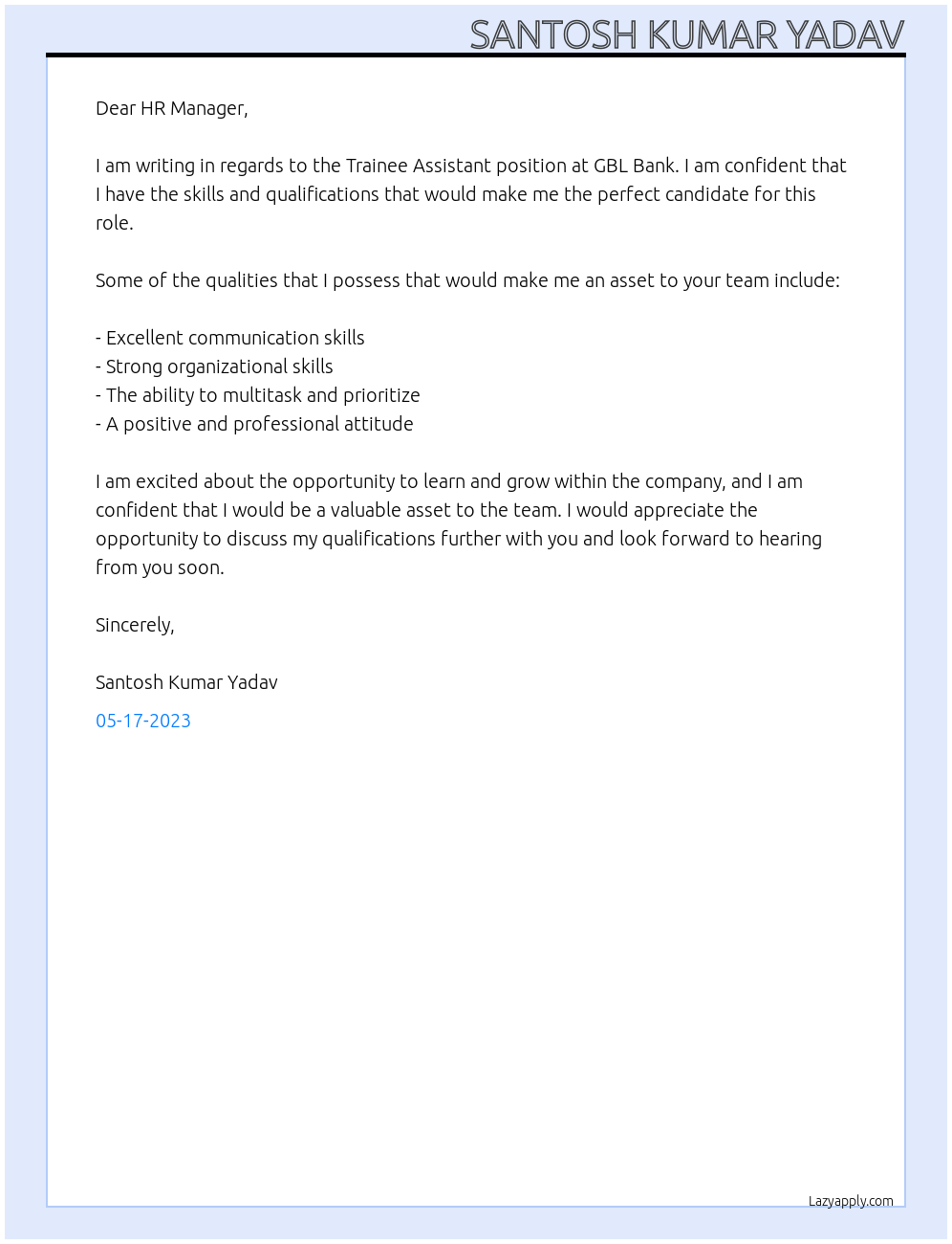 trainee assistant At gbl bank Cover Letter