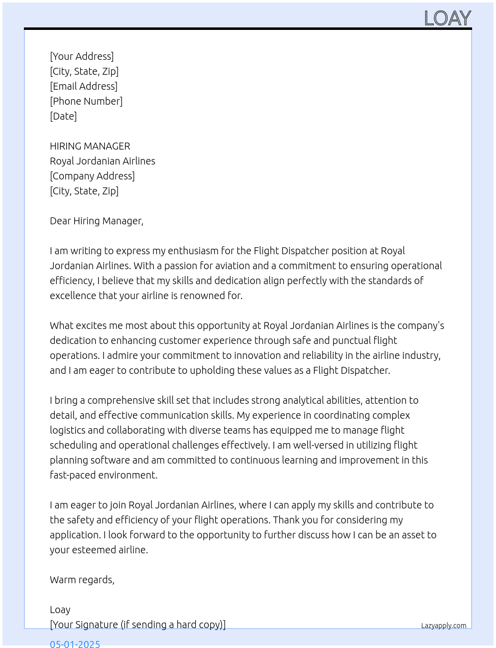 flight dispatcher At ROYAL JORDANIAN AIRLINES Cover Letter