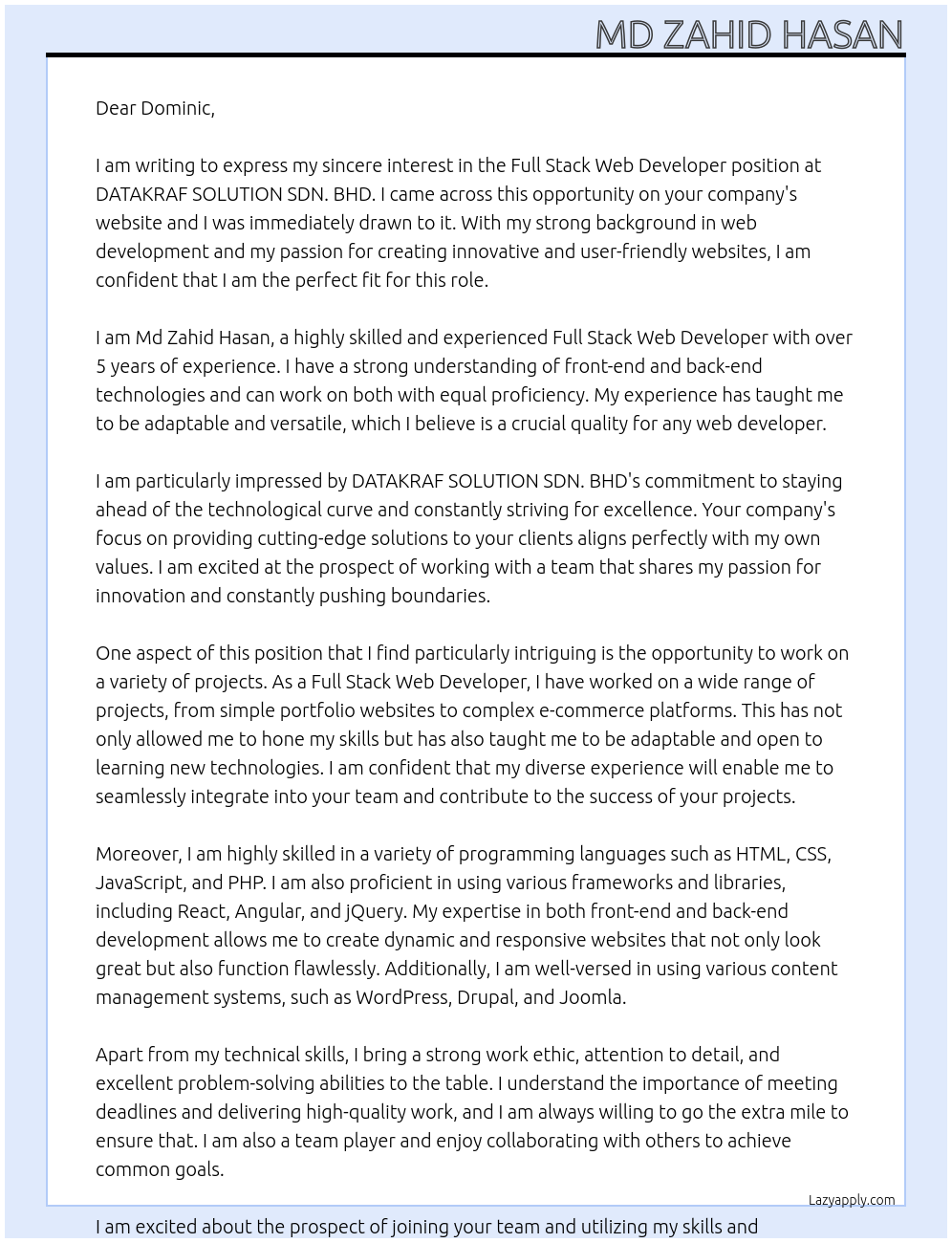 Full Stack Web Developer At DATAKRAF SOLUTION SDN. BHD Cover Letter