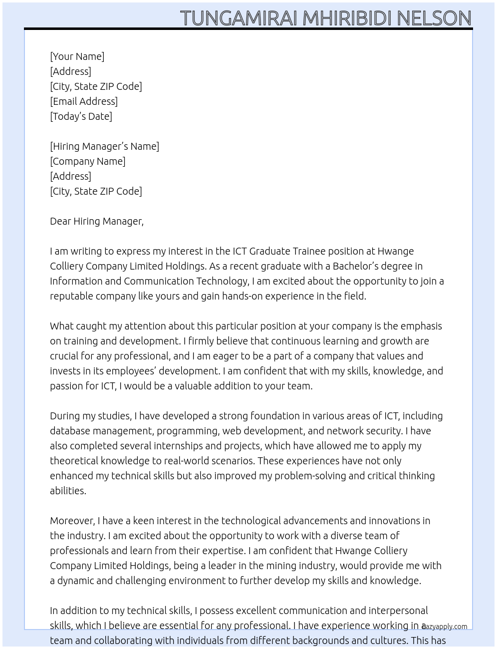 ICT Graduate Trainee At Hwange Colliery Company Limited Holdings Cover Letter