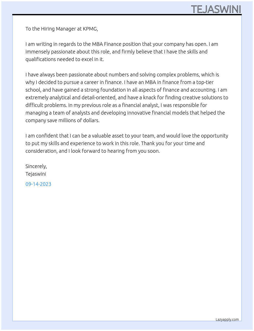 MBA FINANCE At KPMG Cover Letter