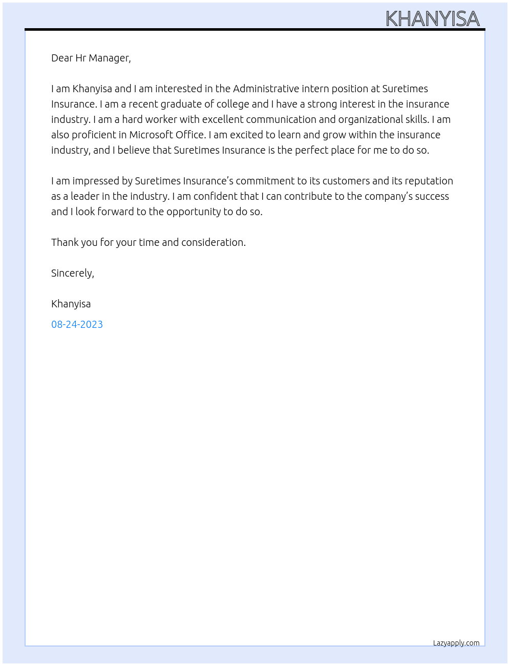 Administrative intern At Suretimes Insurance Cover Letter