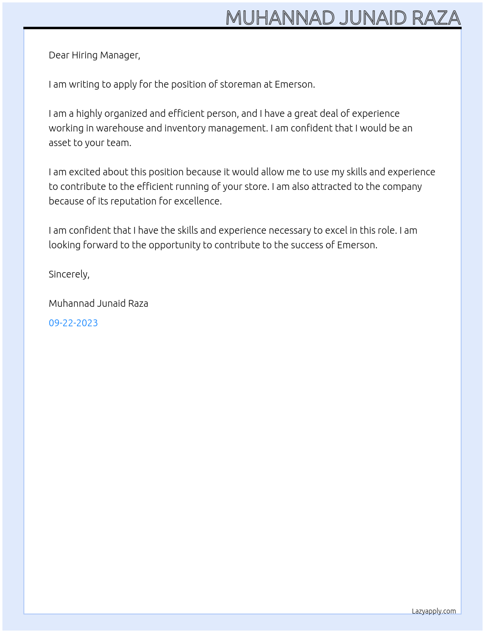 storeman At Emerson Cover Letter