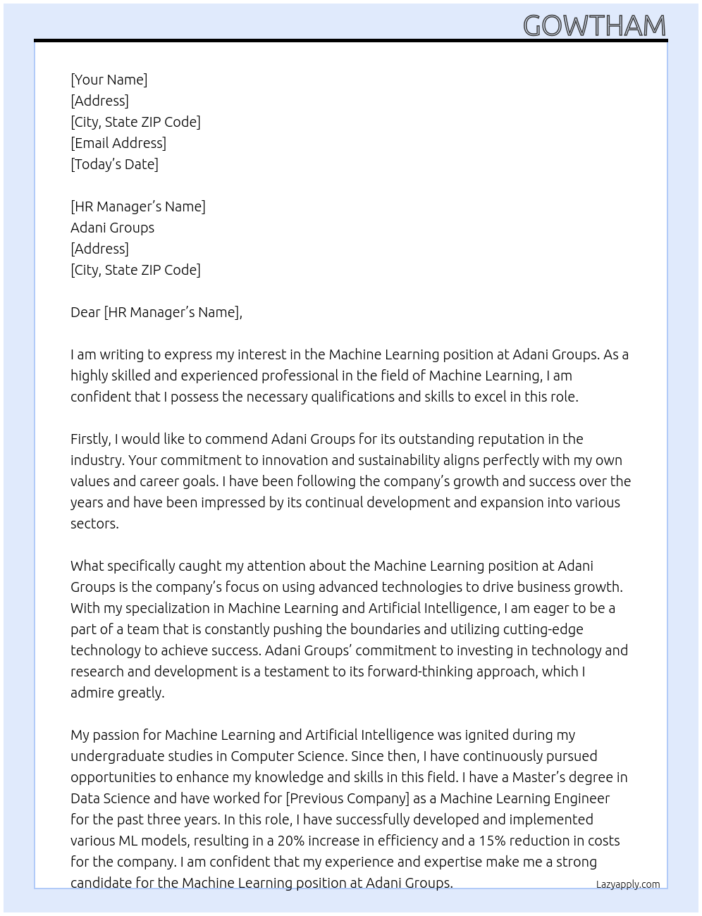 MACHINE LEARNING At ADANI GROUPS Cover Letter