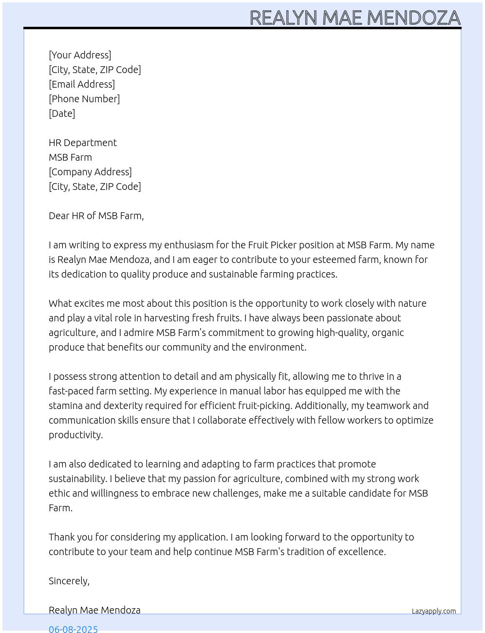 Fruit picker  At MSB Farm  Cover Letter