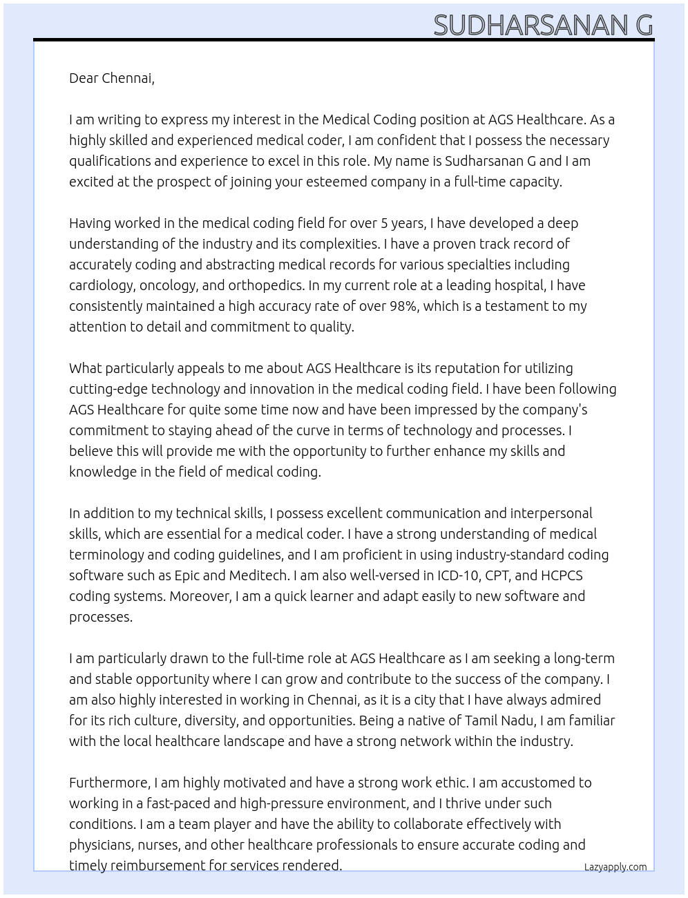 Medical coding At AGS healthcare Cover Letter