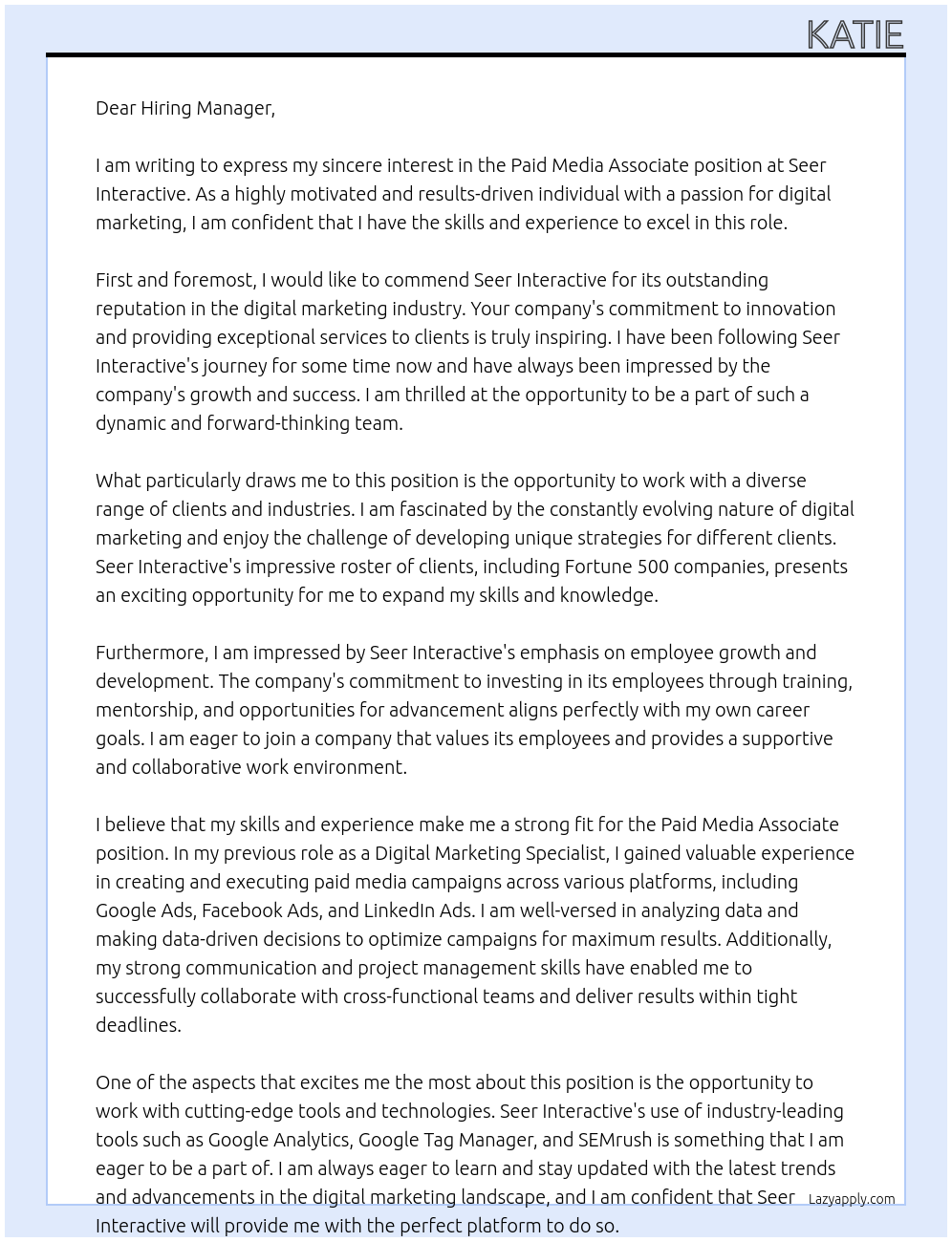 Paid Media Associate  At Seer Interactive  Cover Letter